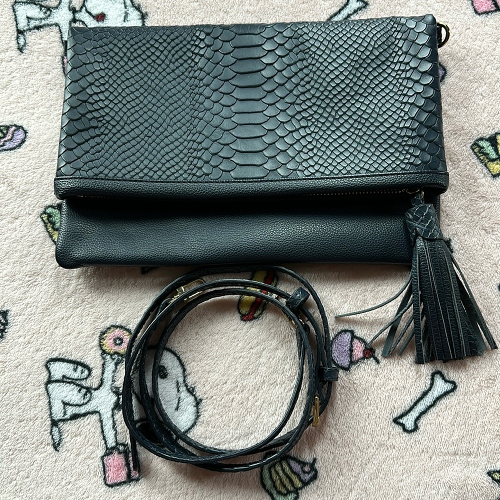 GIGI NEW YORK Navy Embossed Python Leather, Fold over clutch/ crossbody purse
